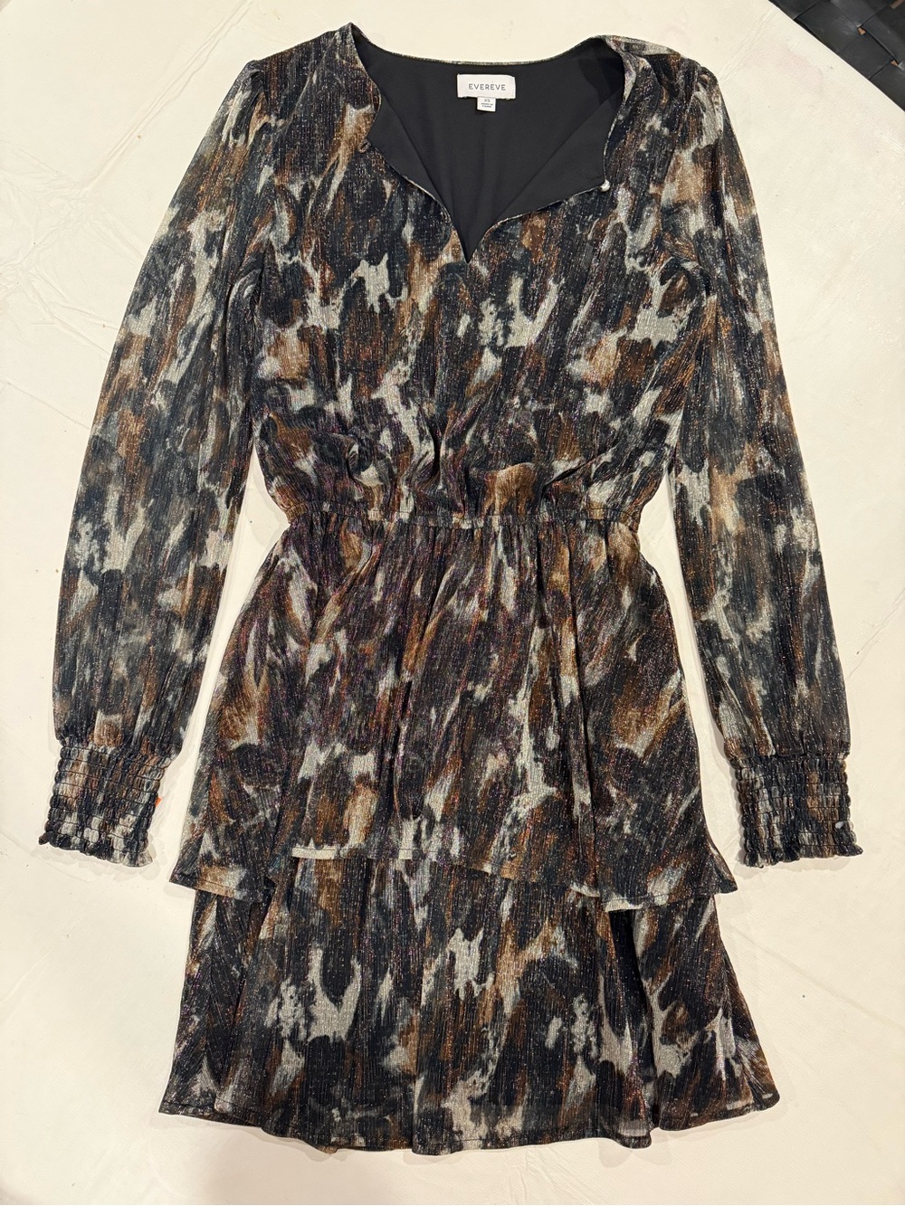 Evereve Metallic Animal-Print Long-Sleeve Tiered Dress in Black and Brown XS